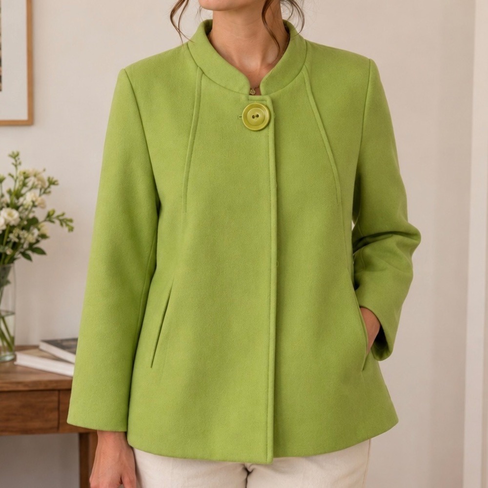 Tulle Lime Green Swing Coat Jacket‎ Retro Mod Wool Blend Cropped 3/4 Sleeve M
